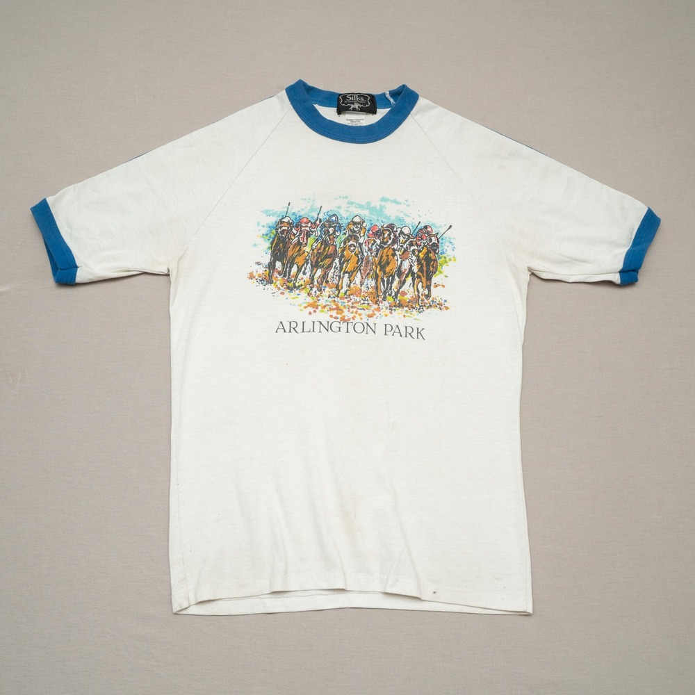 Vintage 70s Arlington Park Water Print Horse Racing Silks Ringer T Shirt M